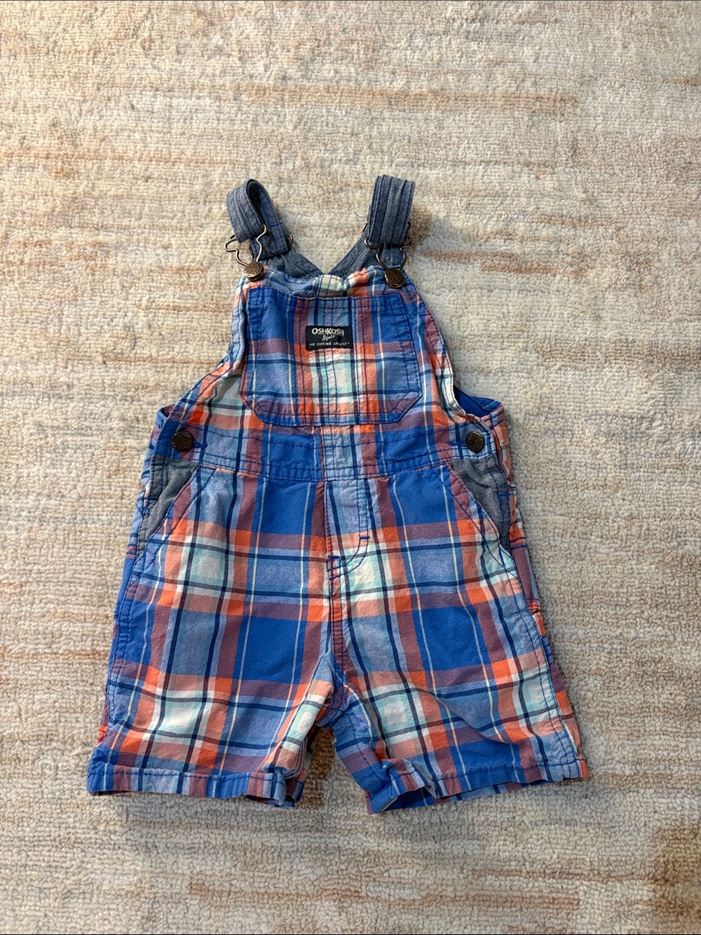 OshKosh B'gosh Blue and Orange Plaid Short Overalls